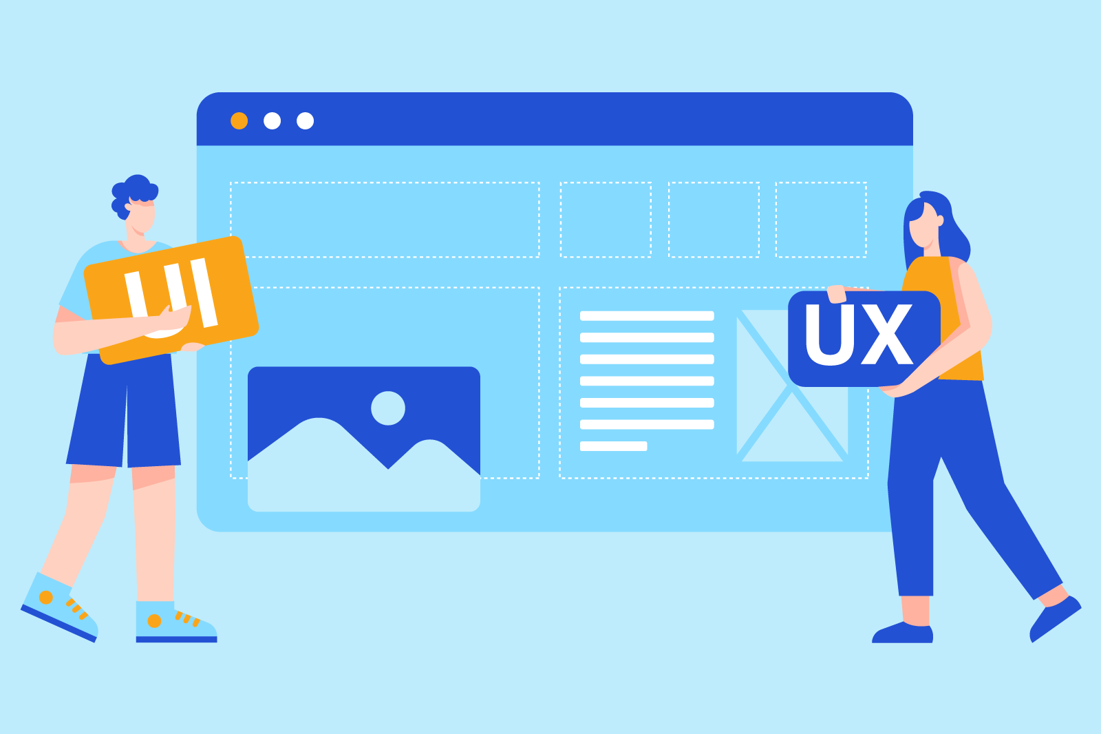 Illustration of a web browser with wireframes and design tools, highlighting the importance of UX and UI expertise in web development.