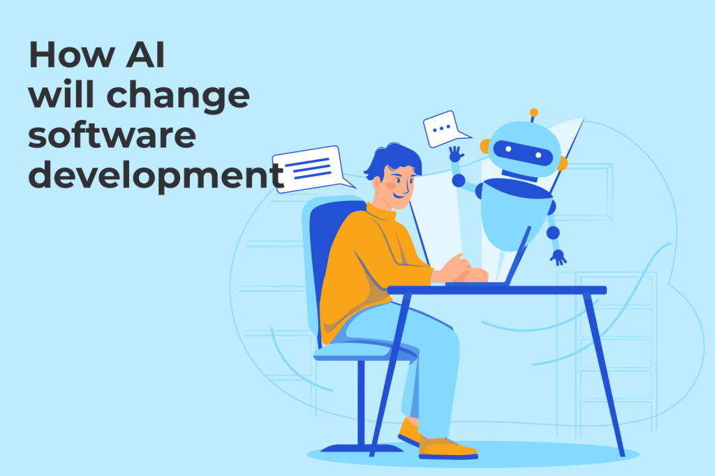 Developer at a desk with a friendly robot, conceptualizing AI's role in software development.