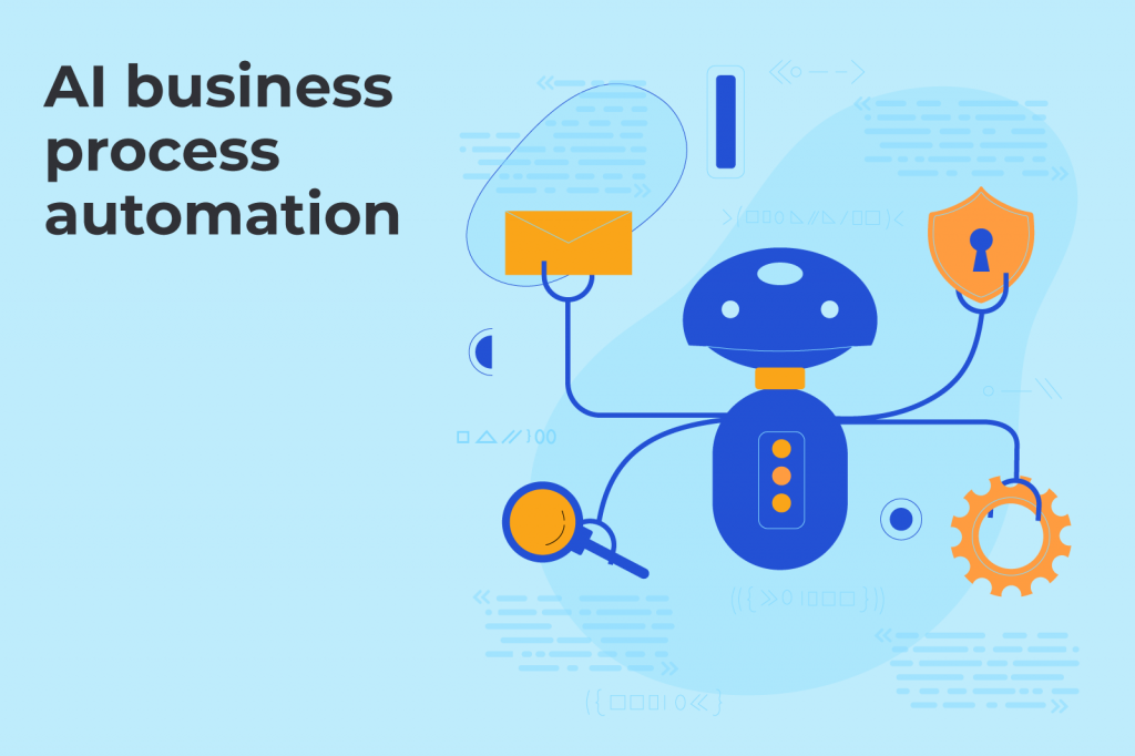 Illustrative concept of AI business process automation featuring a stylized robot and workflow symbols.