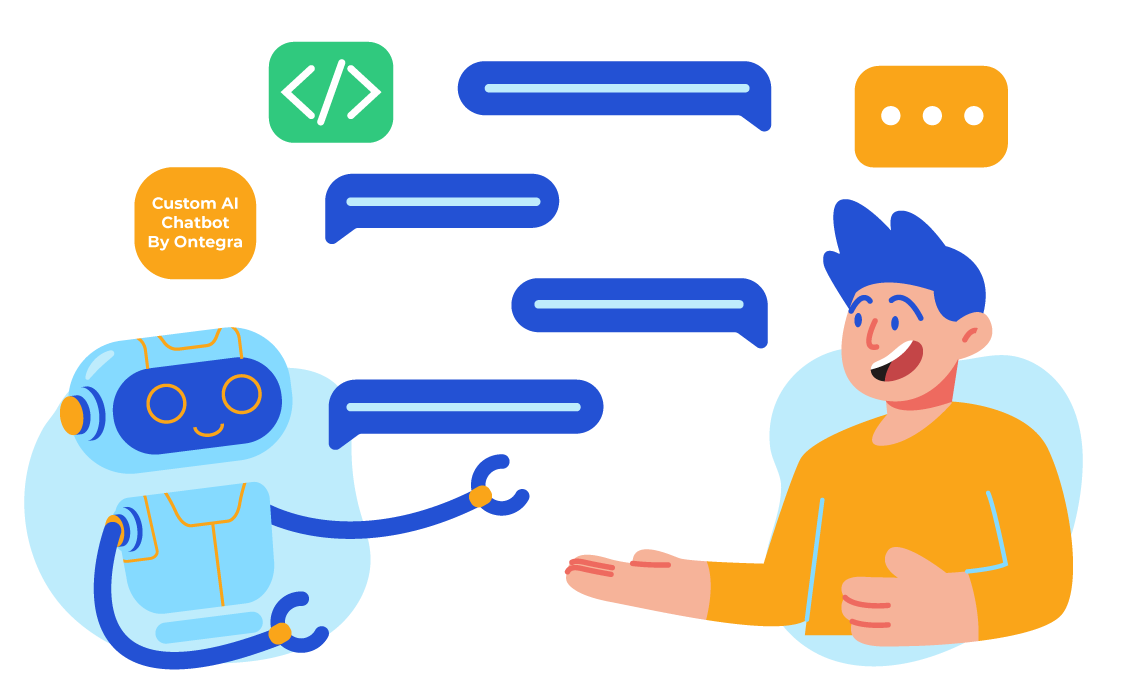A friendly robot-like AI chatbot engaging in a lively conversation with a smiling user, showcasing Ontegra's custom AI chatbot solutions.