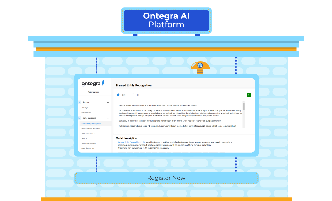 Screenshot of Ontegra AI Platform interface featuring Named Entity Recognition tool